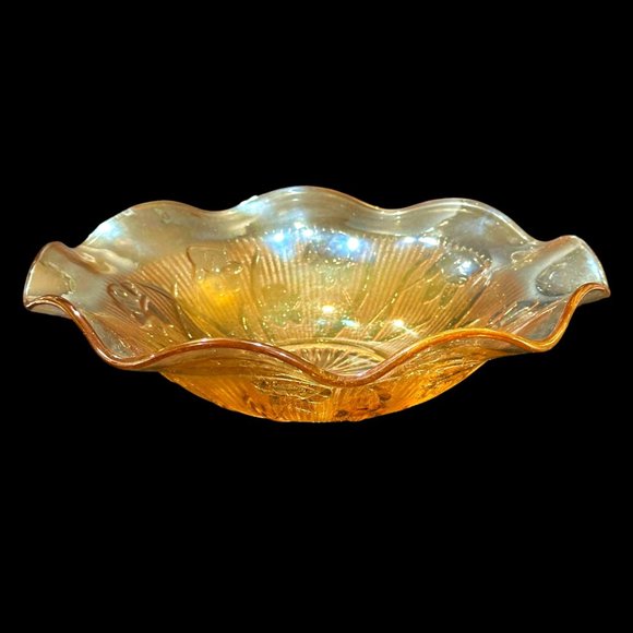 Jeanette Iris and Herringbone Ruffle Edge Marigold Carnival Glass Bowl 11.5 Inch - Picture 3 of 7